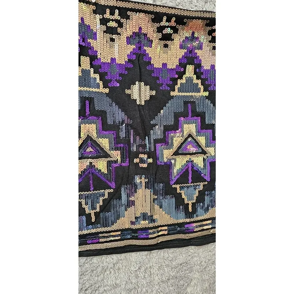 Express Pull On Mini Skirt Sequins Aztec Tribal Lined Purple Black Stretch XS 27